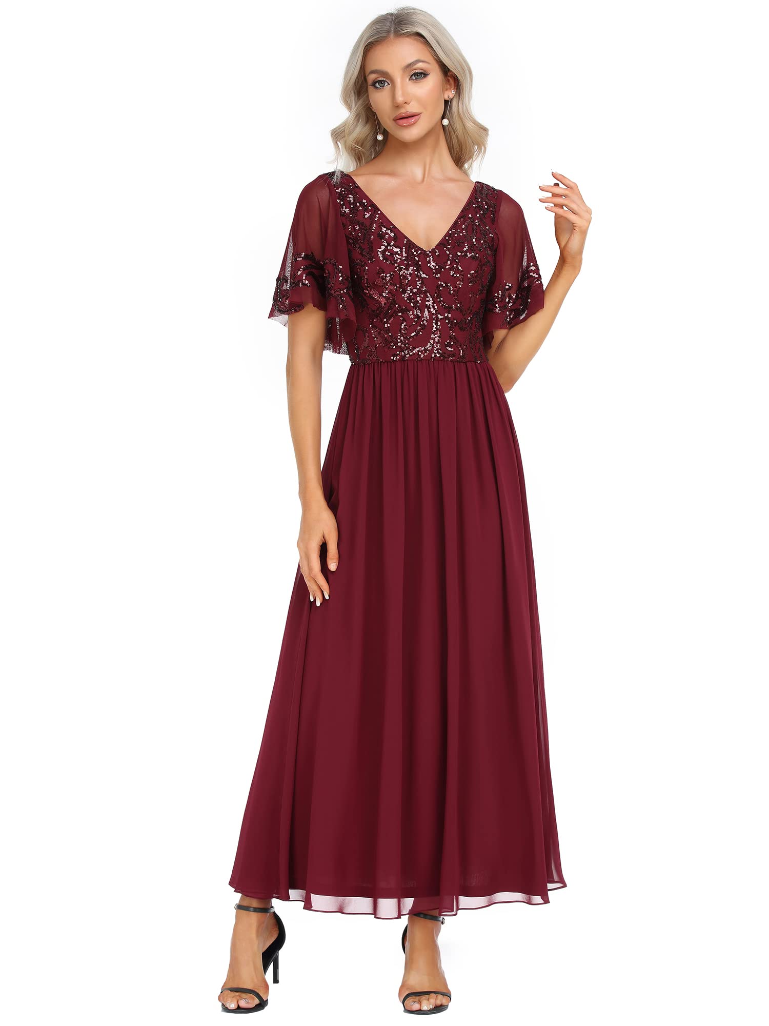 Ever-Pretty Women's Sequin Ruffle Sleeve V Neck A-Line Pleated Open Back Long Chiffon Formal Dresses Burgundy US26