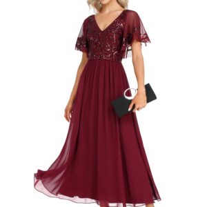 Ever-Pretty Women's Sequin Ruffle Sleeve V Neck A-Line Pleated Open Back Long Chiffon Formal Dresses Burgundy US26