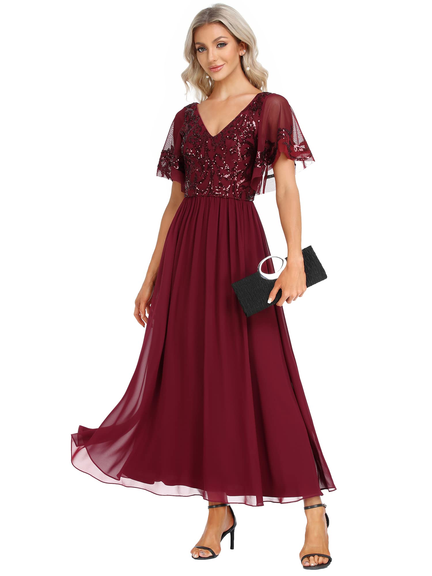 Ever-Pretty Women's Sequin Ruffle Sleeve V Neck A-Line Pleated Open Back Long Chiffon Formal Dresses Burgundy US26