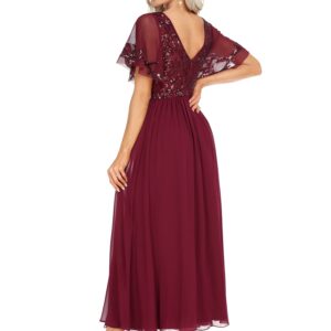 Ever-Pretty Women's Sequin Ruffle Sleeve V Neck A-Line Pleated Open Back Long Chiffon Formal Dresses Burgundy US26