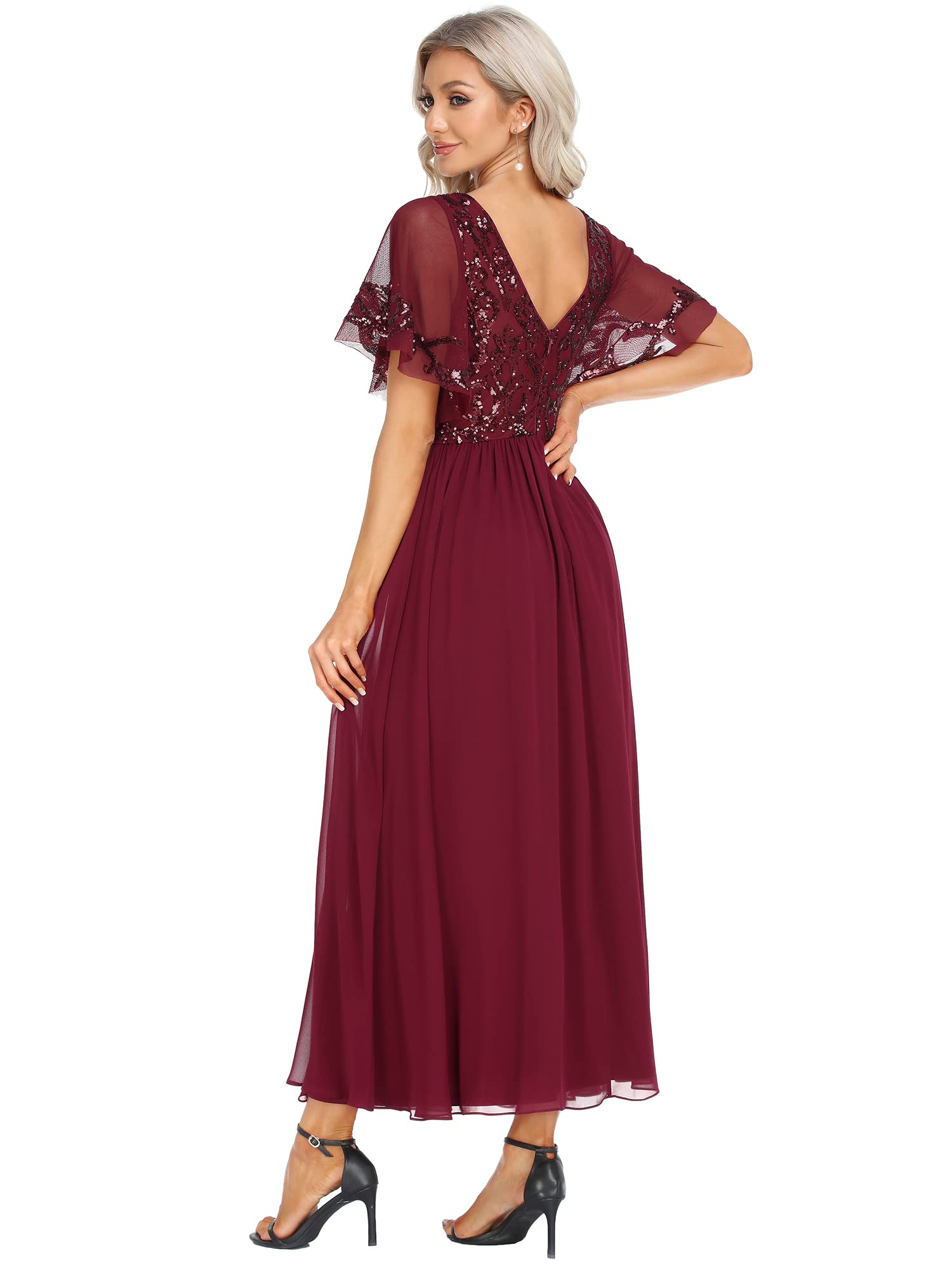 Ever-Pretty Women's Sequin Ruffle Sleeve V Neck A-Line Pleated Open Back Long Chiffon Formal Dresses Burgundy US26