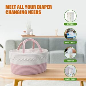 Twira Large Baby Diaper Caddy, Diaper Basket with Divider, Convenient Nursery Storage Box, Rope Diaper Box Organizer for Diapers, Changing Table Diaper Organizer (Pink & White)