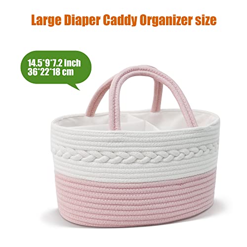Twira Large Baby Diaper Caddy, Diaper Basket with Divider, Convenient Nursery Storage Box, Rope Diaper Box Organizer for Diapers, Changing Table Diaper Organizer (Pink & White)