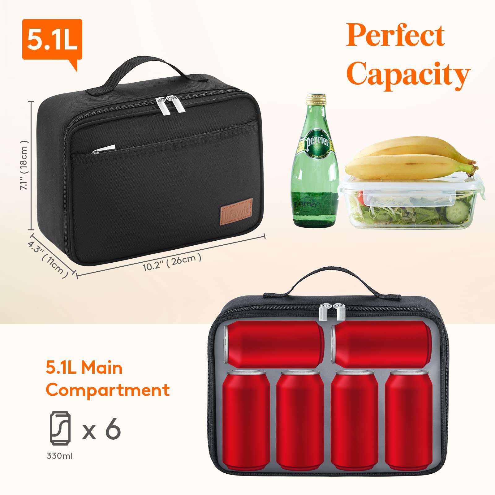 Lifewit Freezable Lunch Box, Insulated Reusable Lunch Bag with 2 Ice Packs, Mini Cooler Snack Bag for Bento Box for Salad, Sandwich, Snacks for Boys/Girls/Men/Women for School/Work/Daycare, Black