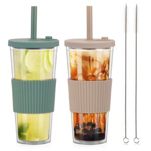 uhapeer 2 pack reusable boba tea cups, 24oz iced coffee cup with straw and lid, leakproof clear plastic cups tumbler, double wall insulated smoothie tumbler, wide straw for bubble tea, cinnamon&olive