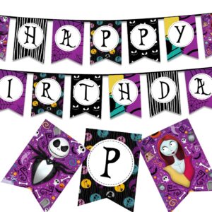 Nightmare Theme Birthday Banner Before Christmas Nightmare Birthday Party Decorations Supplies Jack Skellington and Sally Themed Birthday Banner for Kids Adults Birthday Party Indoor Outdoor Decors