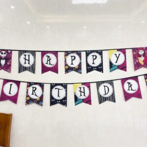 Nightmare Theme Birthday Banner Before Christmas Nightmare Birthday Party Decorations Supplies Jack Skellington and Sally Themed Birthday Banner for Kids Adults Birthday Party Indoor Outdoor Decors