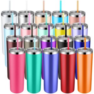 20 pack 20 oz stainless steel tumbler set with straws and lids double wall vacuum insulated travel cup colorful skinny coffee tumbler water tumbler for coffee water hot cold drinks