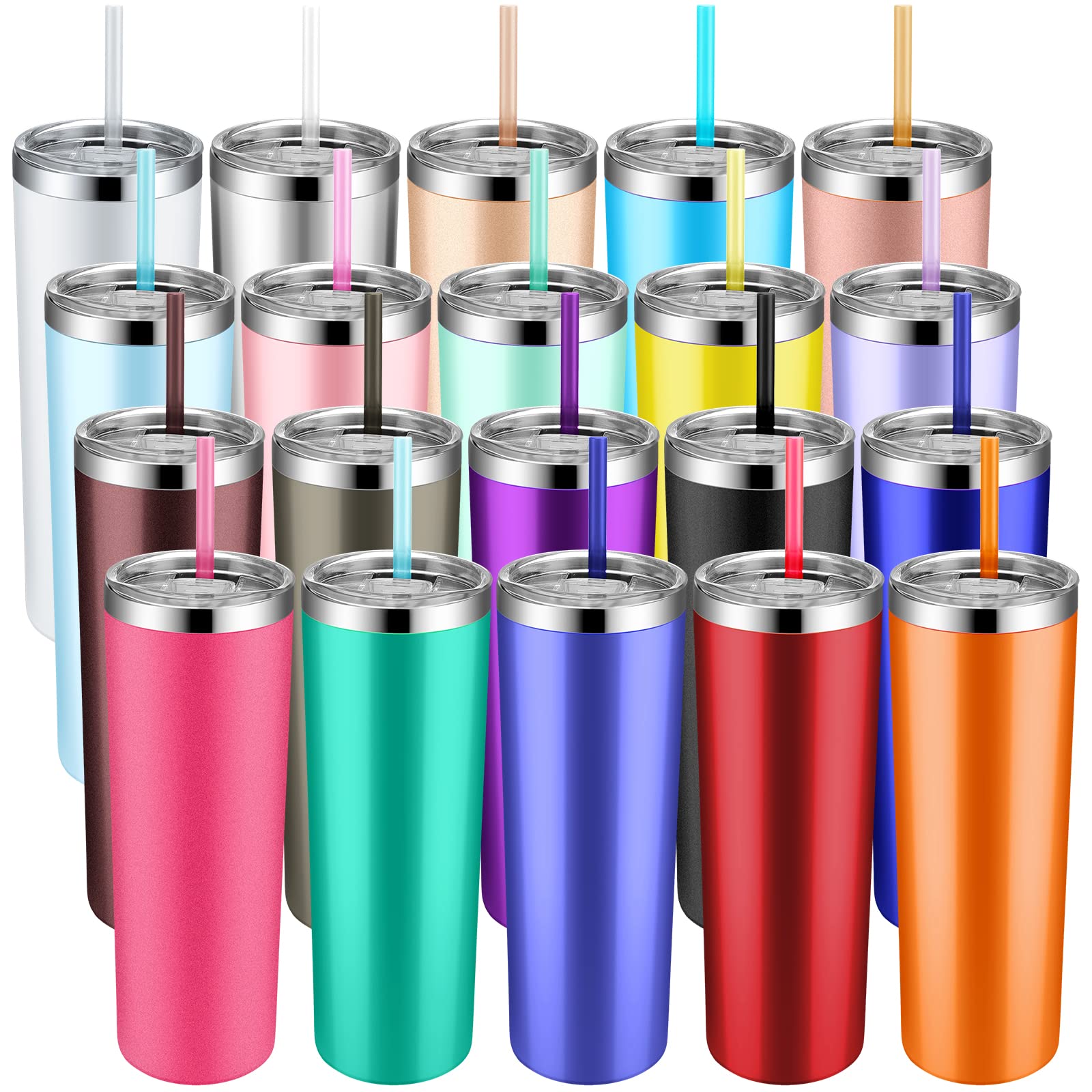 20 Pack 20 oz Stainless Steel Tumbler Set with Straws and Lids Double Wall Vacuum Insulated Travel Cup Colorful Skinny Coffee Tumbler Water Tumbler for Coffee Water Hot Cold Drinks