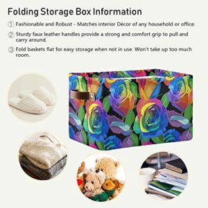 ALAZA Rainbow Rose Flower Leaves Large Storage Baskets with Handles Foldable Decorative 2 Pack Storage Bins Boxes for Organizing Living Room Shelves Office Closet Clothes