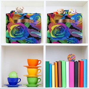 ALAZA Rainbow Rose Flower Leaves Large Storage Baskets with Handles Foldable Decorative 2 Pack Storage Bins Boxes for Organizing Living Room Shelves Office Closet Clothes