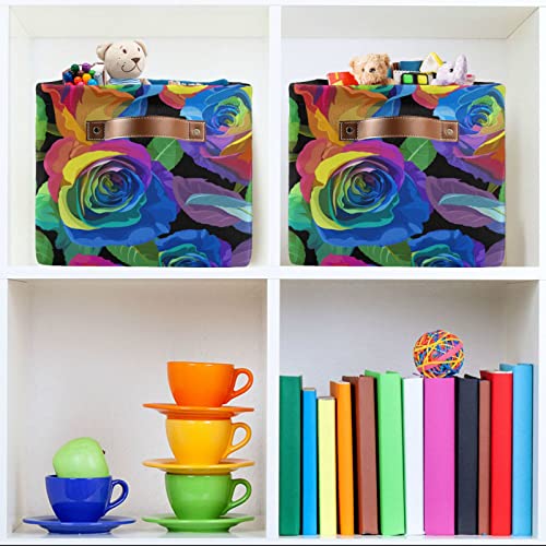 ALAZA Rainbow Rose Flower Leaves Large Storage Baskets with Handles Foldable Decorative 2 Pack Storage Bins Boxes for Organizing Living Room Shelves Office Closet Clothes