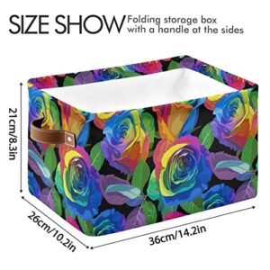 ALAZA Rainbow Rose Flower Leaves Large Storage Baskets with Handles Foldable Decorative 2 Pack Storage Bins Boxes for Organizing Living Room Shelves Office Closet Clothes