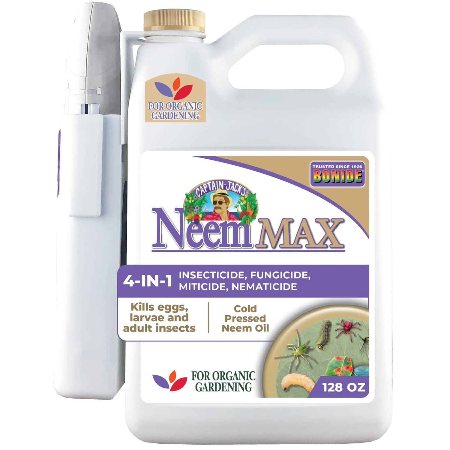 Bonide Captain Jack's Neem Max, 128 oz Ready-to-Use Spray Cold Pressed Neem Oil, Multi-Purpose Insecticide, Fungicide, Miticide and Nematicide for Organic Gardening