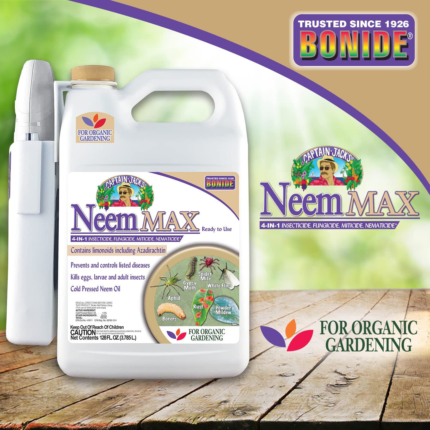Bonide Captain Jack's Neem Max, 128 oz Ready-to-Use Spray Cold Pressed Neem Oil, Multi-Purpose Insecticide, Fungicide, Miticide and Nematicide for Organic Gardening
