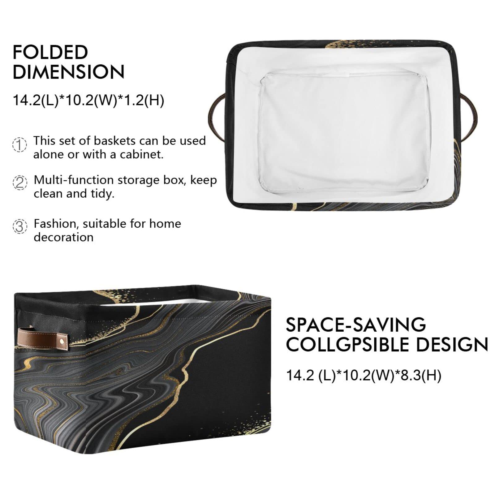 ALAZA Black White Golden Marble Large Storage Baskets with Handles Foldable Decorative 2 Pack Storage Bins Boxes for Organizing Living Room Shelves Office Closet Clothes