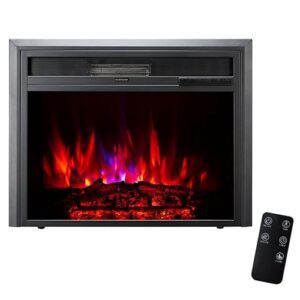 xbrand 28 inch long black glass and steel indoor insert electric fireplace heater with remote control, led rolling flame effect, and temperature limiting control