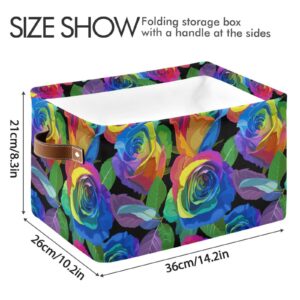 ALAZA Rainbow Rose Flower Leaves Large Storage Basket with Handles Foldable Decorative 1 Pack Storage Bin Box for Organizing Living Room Shelves Office Closet Clothes