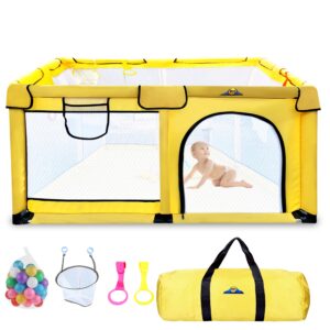 b22 playpen 51”x51” + 2pull rings+ 50pcs ocean balls+ 1sports basket loop; playpen for babies, toddlers, kid. large playpen for toddlers, sturdy, safe, portable play yard indoor & outdoor, yellow