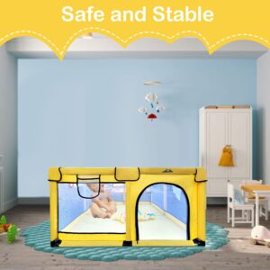 B22 Playpen 51”x51” + 2pull Rings+ 50pcs Ocean Balls+ 1sports Basket Loop; Playpen for Babies, Toddlers, Kid. Large Playpen for Toddlers, Sturdy, Safe, Portable Play Yard Indoor & Outdoor, Yellow