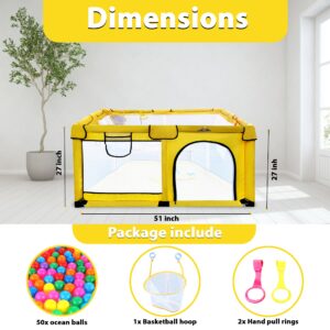 B22 Playpen 51”x51” + 2pull Rings+ 50pcs Ocean Balls+ 1sports Basket Loop; Playpen for Babies, Toddlers, Kid. Large Playpen for Toddlers, Sturdy, Safe, Portable Play Yard Indoor & Outdoor, Yellow