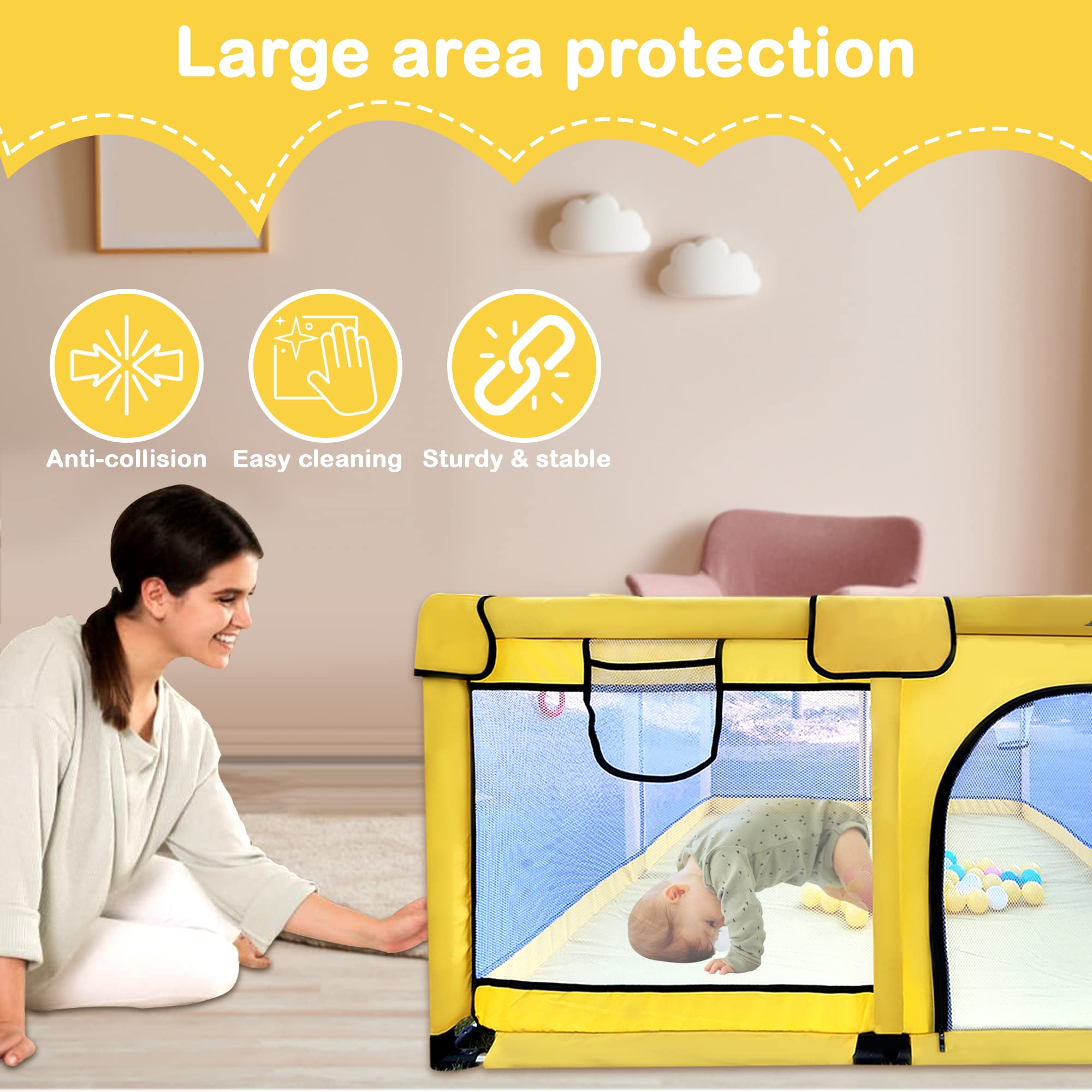 B22 Playpen 51”x51” + 2pull Rings+ 50pcs Ocean Balls+ 1sports Basket Loop; Playpen for Babies, Toddlers, Kid. Large Playpen for Toddlers, Sturdy, Safe, Portable Play Yard Indoor & Outdoor, Yellow