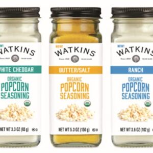 Watkins Popcorn Seasoning Multi-Flavor Variety Pack, 3-Pack (1 White Cheddar 3.3 oz., 1 Butter/Salt 5.3 oz., 1 Ranch 3.6 oz.)