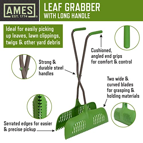 AMES Leaf Grabber Rake with Long Handle & Cushioned Grip for Leaves, Lawn Clippings, Twigs, Yard Waste