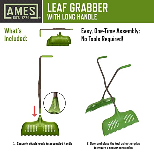 AMES Leaf Grabber Rake with Long Handle & Cushioned Grip for Leaves, Lawn Clippings, Twigs, Yard Waste