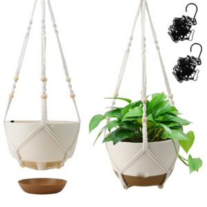 koalaime hanging planter self watering 10 inch, 2 pack indoor outdoor hanging baskets, hanging flower pots with drainage hole & 2 kinds of plant hangers for garden home decor(cream)…