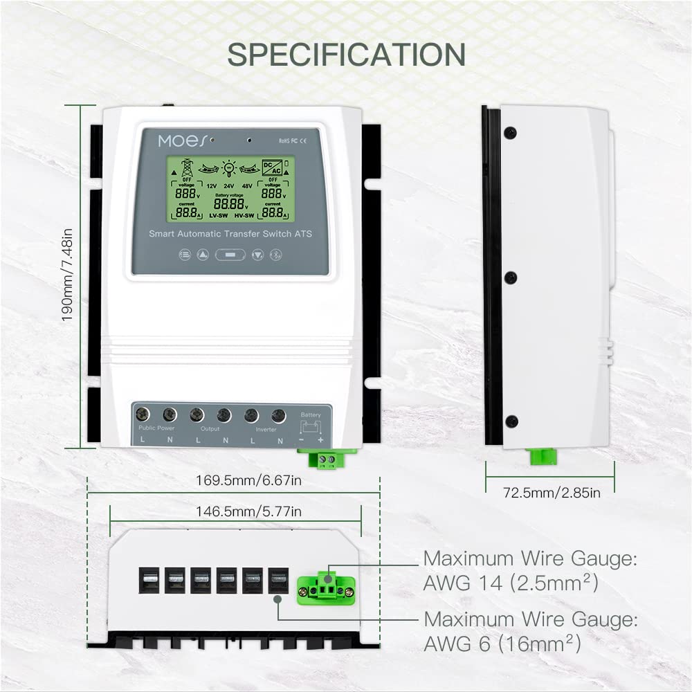 MOES Smart Automatic Transfer Switch for Off Grid Solar Wind System, Dual Power Controller 80A 8Kw Provides Automatic Power Switching Between Inverter and AC 110V, 220V, APP Remote Control with Hub