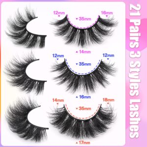 Mink Lashes Fluffy False Eyelashes Natural Look 14-17mm Cat Eye Lashes Pack, 5D Wispy Curly Fake Lashes by TNFVLONEINS - 21 Pairs 3 Styles