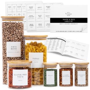 pantry and spice container labels combo pack: 2 in 1 set of 339 minimalist spice jar & pantry stickers for kitchen organization, preprinted waterproof food seasoning storage canister organizing label