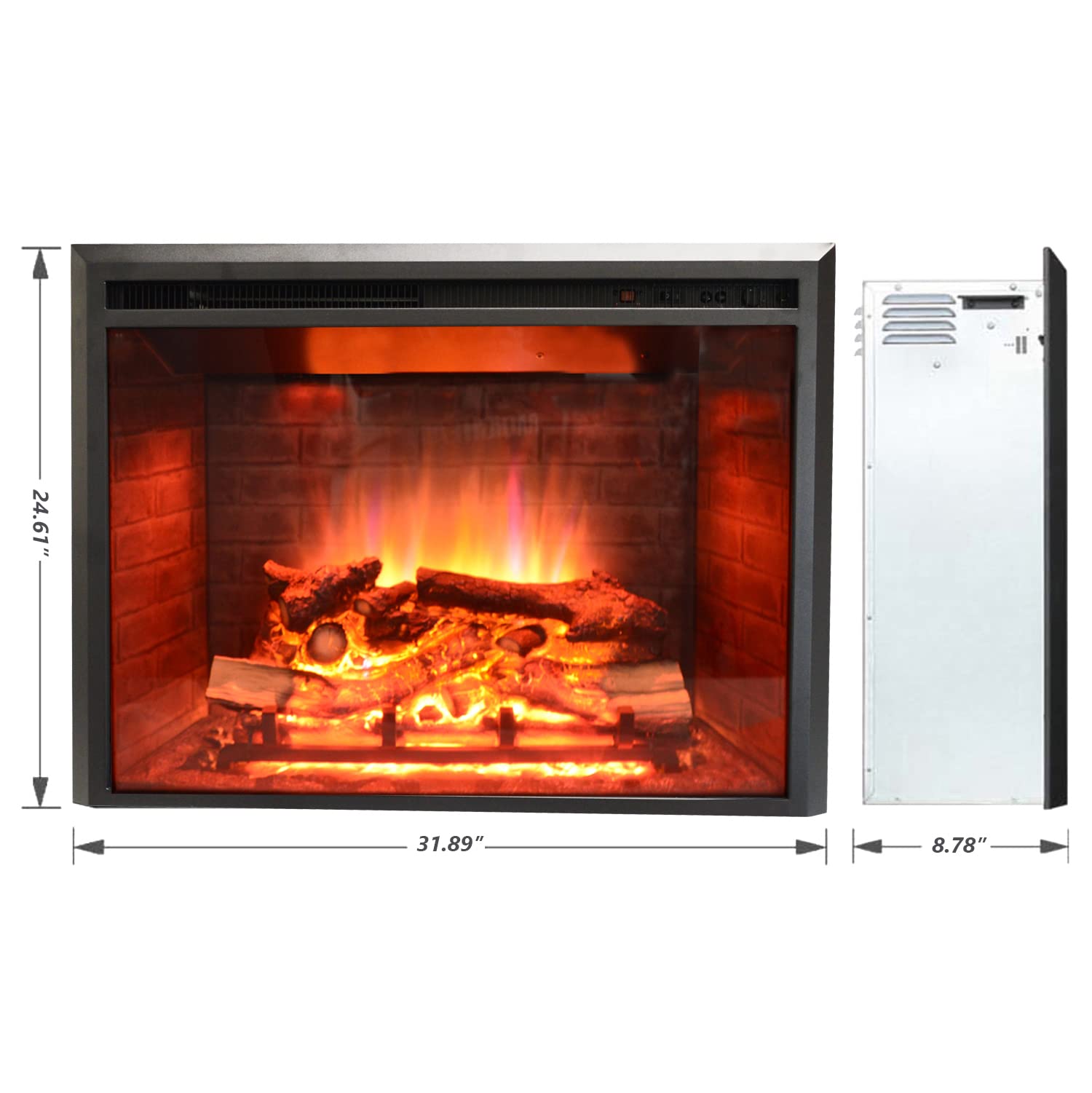 32 inch Electric Fireplace Insert, Heater, Recessed Mounted with Weathered Concrete Interior, 750/1500W, Black