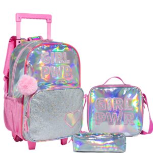 htgroce 3pcs pink rolling backpack for girls, sequin backpack wheels for girls, girls rolling bookbag, suitcase wheeled school bag set for kindergarten elementary school