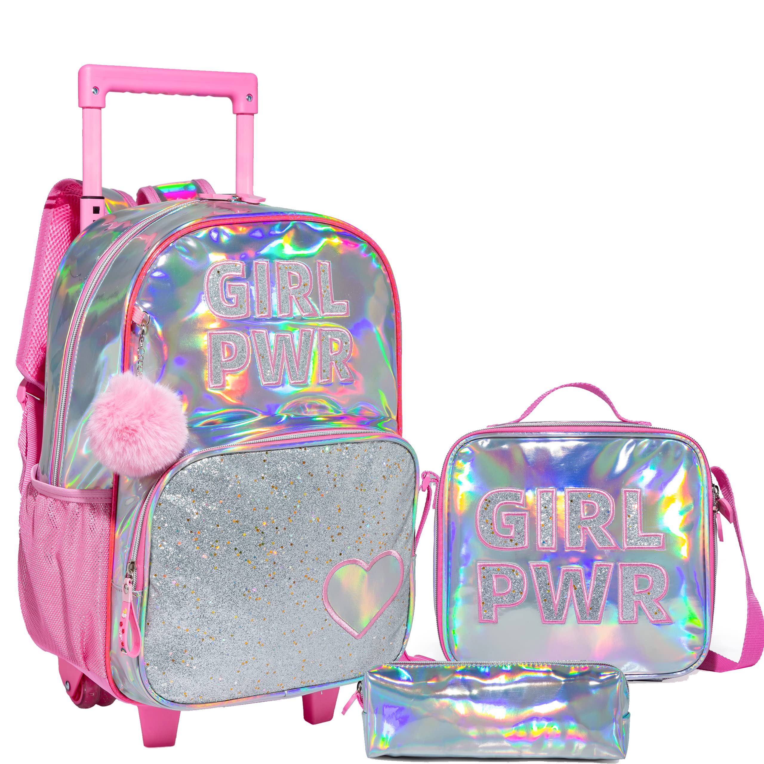 HTgroce 3PCS Pink Rolling Backpack for Girls, Sequin Backpack Wheels for Girls, Girls Rolling Bookbag, Suitcase Wheeled School Bag Set for Kindergarten Elementary School