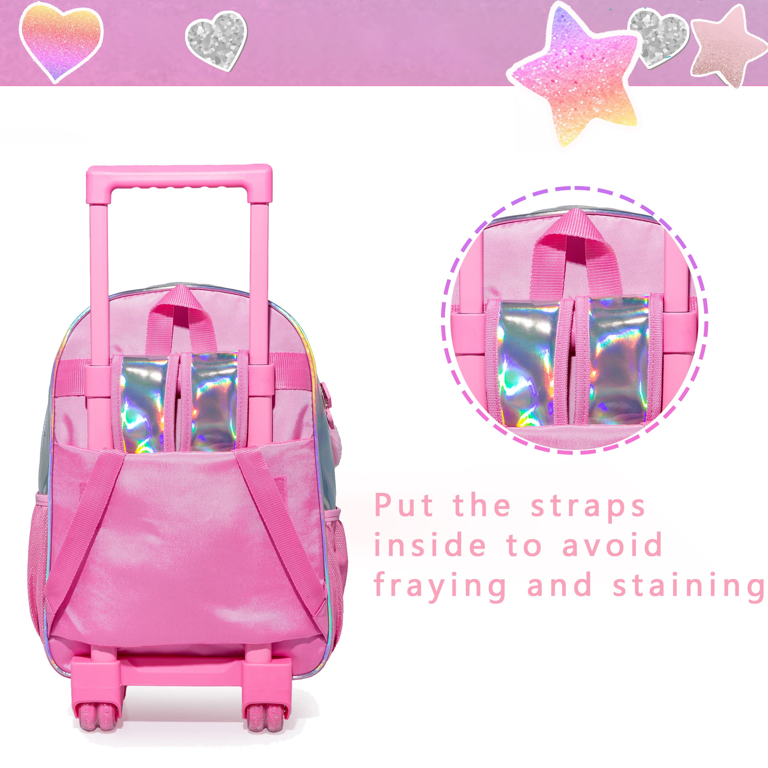 HTgroce 3PCS Pink Rolling Backpack for Girls, Sequin Backpack Wheels for Girls, Girls Rolling Bookbag, Suitcase Wheeled School Bag Set for Kindergarten Elementary School