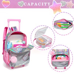 HTgroce 3PCS Pink Rolling Backpack for Girls, Sequin Backpack Wheels for Girls, Girls Rolling Bookbag, Suitcase Wheeled School Bag Set for Kindergarten Elementary School
