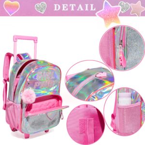 HTgroce 3PCS Pink Rolling Backpack for Girls, Sequin Backpack Wheels for Girls, Girls Rolling Bookbag, Suitcase Wheeled School Bag Set for Kindergarten Elementary School