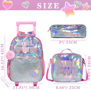 HTgroce 3PCS Pink Rolling Backpack for Girls, Sequin Backpack Wheels for Girls, Girls Rolling Bookbag, Suitcase Wheeled School Bag Set for Kindergarten Elementary School