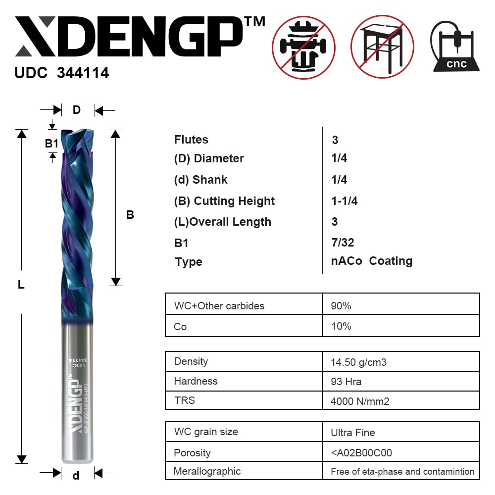 XDENGP 3 Flute Up&Down Cut Compression Spiral Router Bit for CNC, 1/4" Cutting Diameter, 1-1/4" Cutting Length 1/4" Shank with nACo Coated Carbide End Mill for Wood Carving Engraving Grinding Grooving