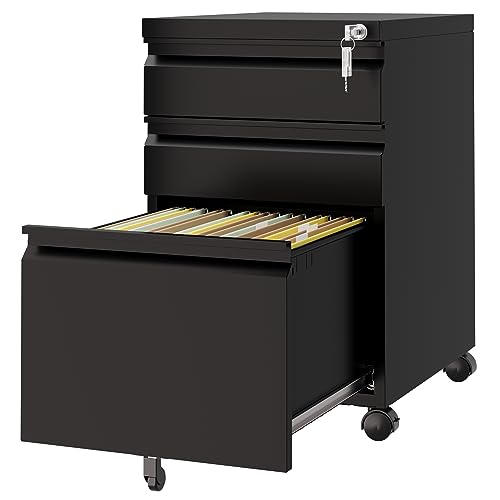 LISSIMO 3 Drawer Mobile File Cabinet with Lock,Under Desk Storage Cabinet for Home Office, Vertical Filing Cabinet Fits A4 or Letter Size (Unassembled, Black)