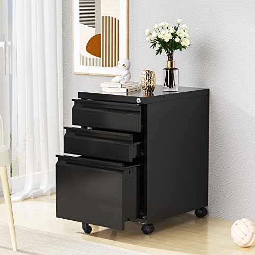 LISSIMO 3 Drawer Mobile File Cabinet with Lock,Under Desk Storage Cabinet for Home Office, Vertical Filing Cabinet Fits A4 or Letter Size (Unassembled, Black)