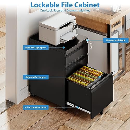 LISSIMO 3 Drawer Mobile File Cabinet with Lock,Under Desk Storage Cabinet for Home Office, Vertical Filing Cabinet Fits A4 or Letter Size (Unassembled, Black)