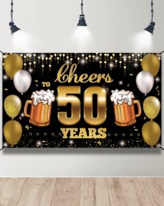 htdzzi cheers to 50 years backdrop banner black gold, happy 50th birthday decorations for men women, fabric 50 year old birthday party yard sign, 50th wedding anniversary