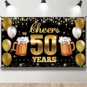 HTDZZI Cheers to 50 Years Backdrop Banner Black Gold, Happy 50th Birthday Decorations for Men Women, Fabric 50 Year Old Birthday Party Yard Sign, 50th Wedding Anniversary