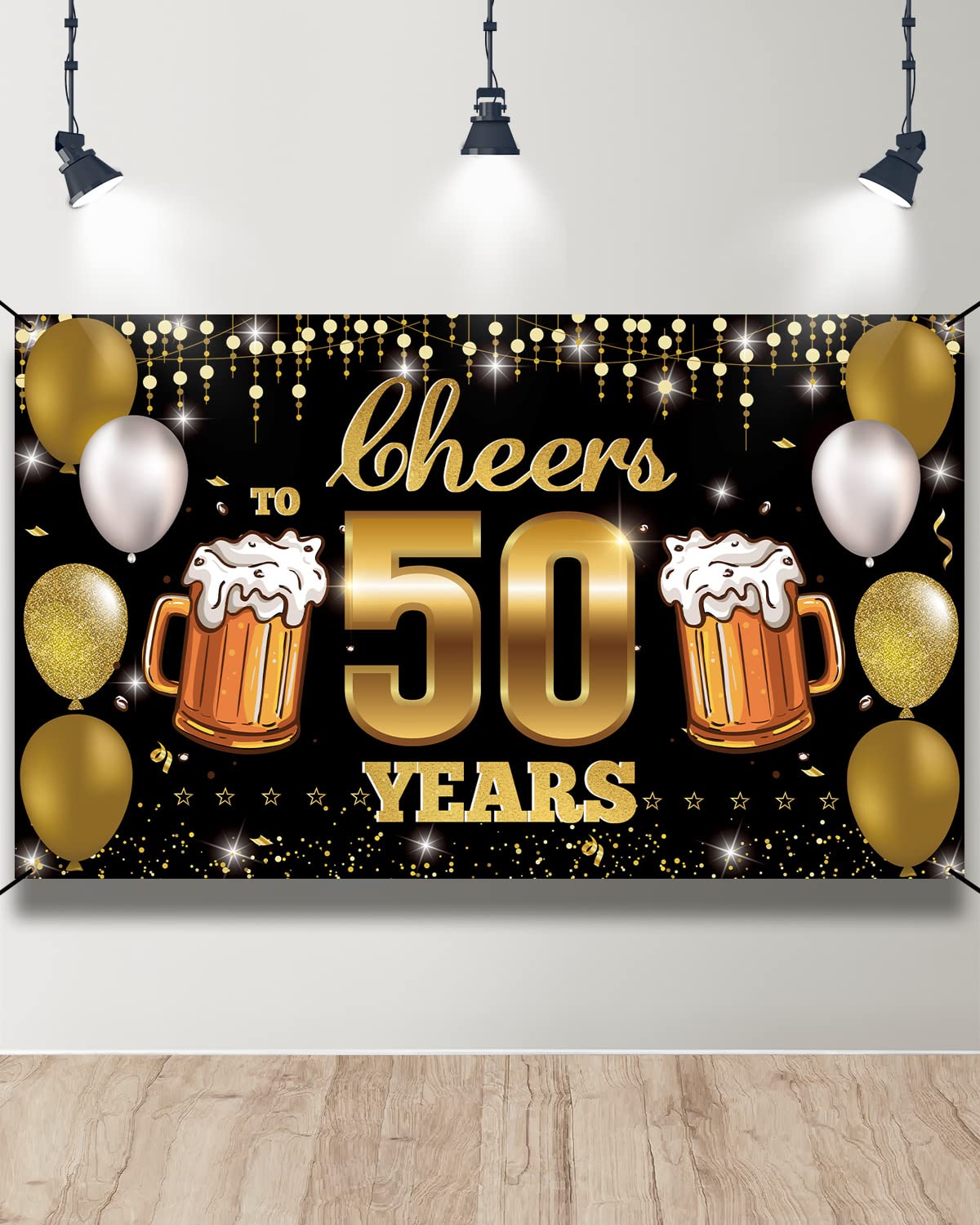 HTDZZI Cheers to 50 Years Backdrop Banner Black Gold, Happy 50th Birthday Decorations for Men Women, Fabric 50 Year Old Birthday Party Yard Sign, 50th Wedding Anniversary