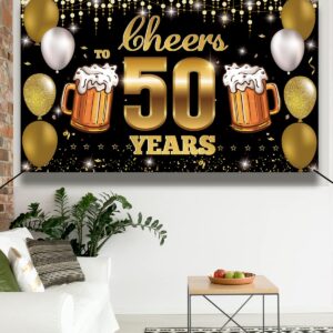 HTDZZI Cheers to 50 Years Backdrop Banner Black Gold, Happy 50th Birthday Decorations for Men Women, Fabric 50 Year Old Birthday Party Yard Sign, 50th Wedding Anniversary