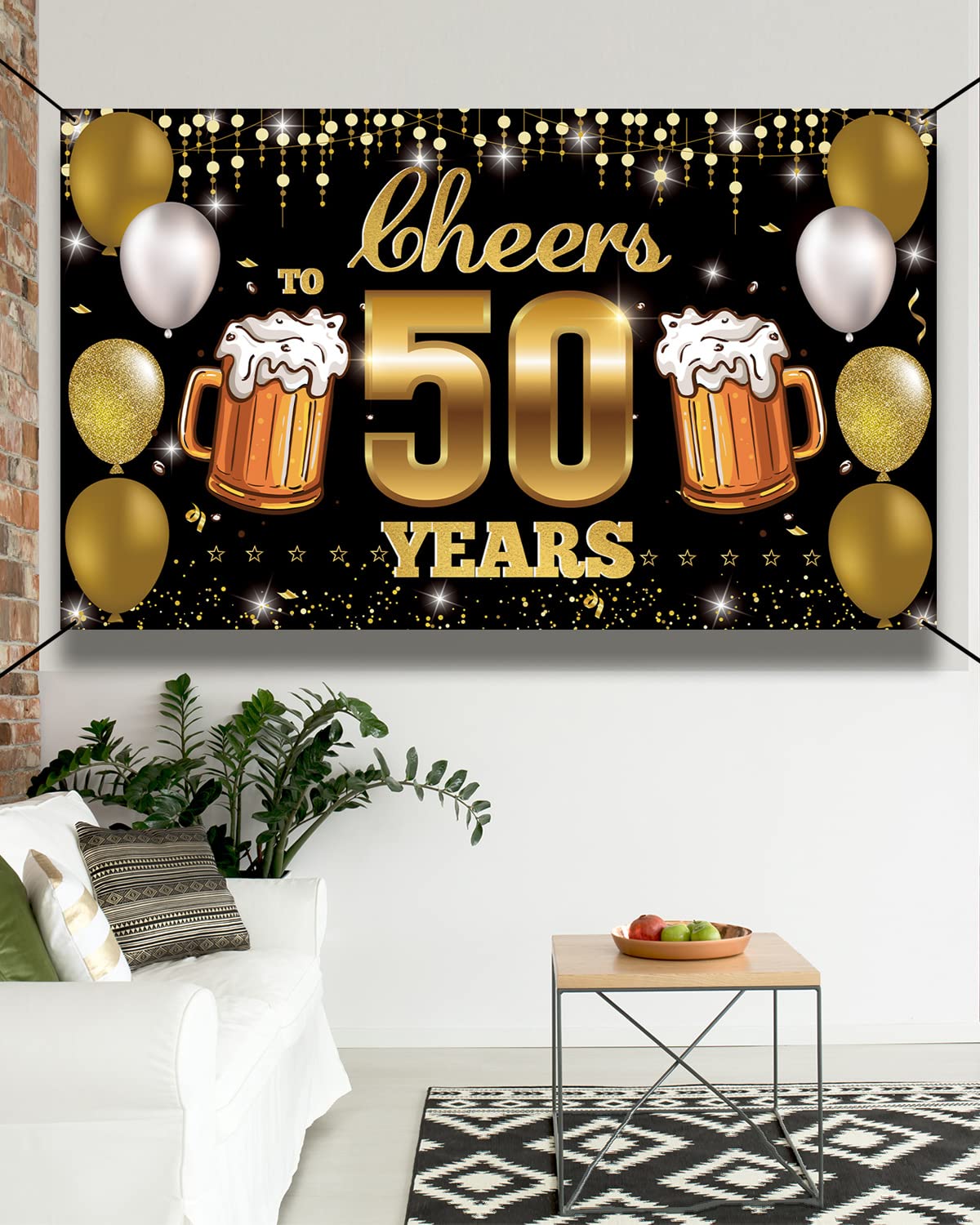 HTDZZI Cheers to 50 Years Backdrop Banner Black Gold, Happy 50th Birthday Decorations for Men Women, Fabric 50 Year Old Birthday Party Yard Sign, 50th Wedding Anniversary