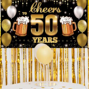 HTDZZI Cheers to 50 Years Backdrop Banner Black Gold, Happy 50th Birthday Decorations for Men Women, Fabric 50 Year Old Birthday Party Yard Sign, 50th Wedding Anniversary